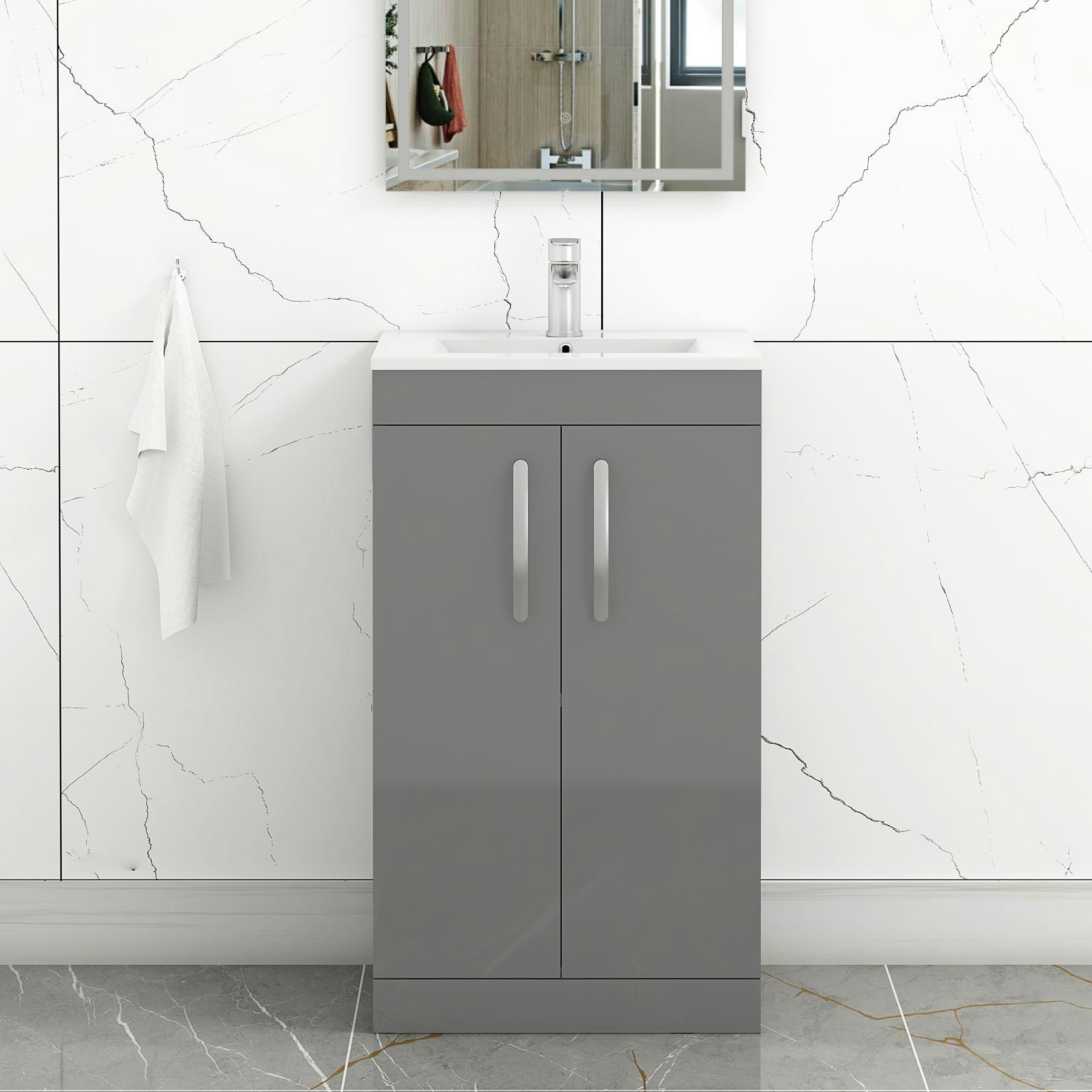 Turin Indigo Grey Gloss 2 Door Floor Standing Vanity Unit with Minimalist Basin - Multiple Sizes