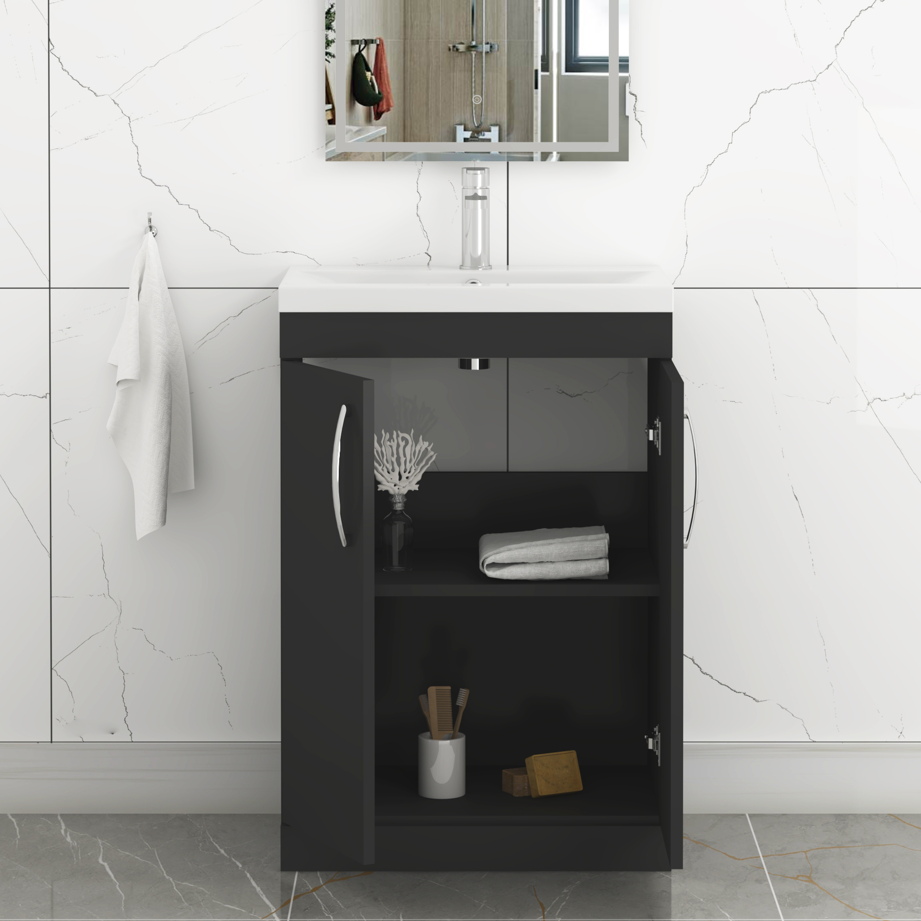 Turin 600mm Matte Black Floor Standing Vanity Unit 2 Door with Mid-Edge Basin