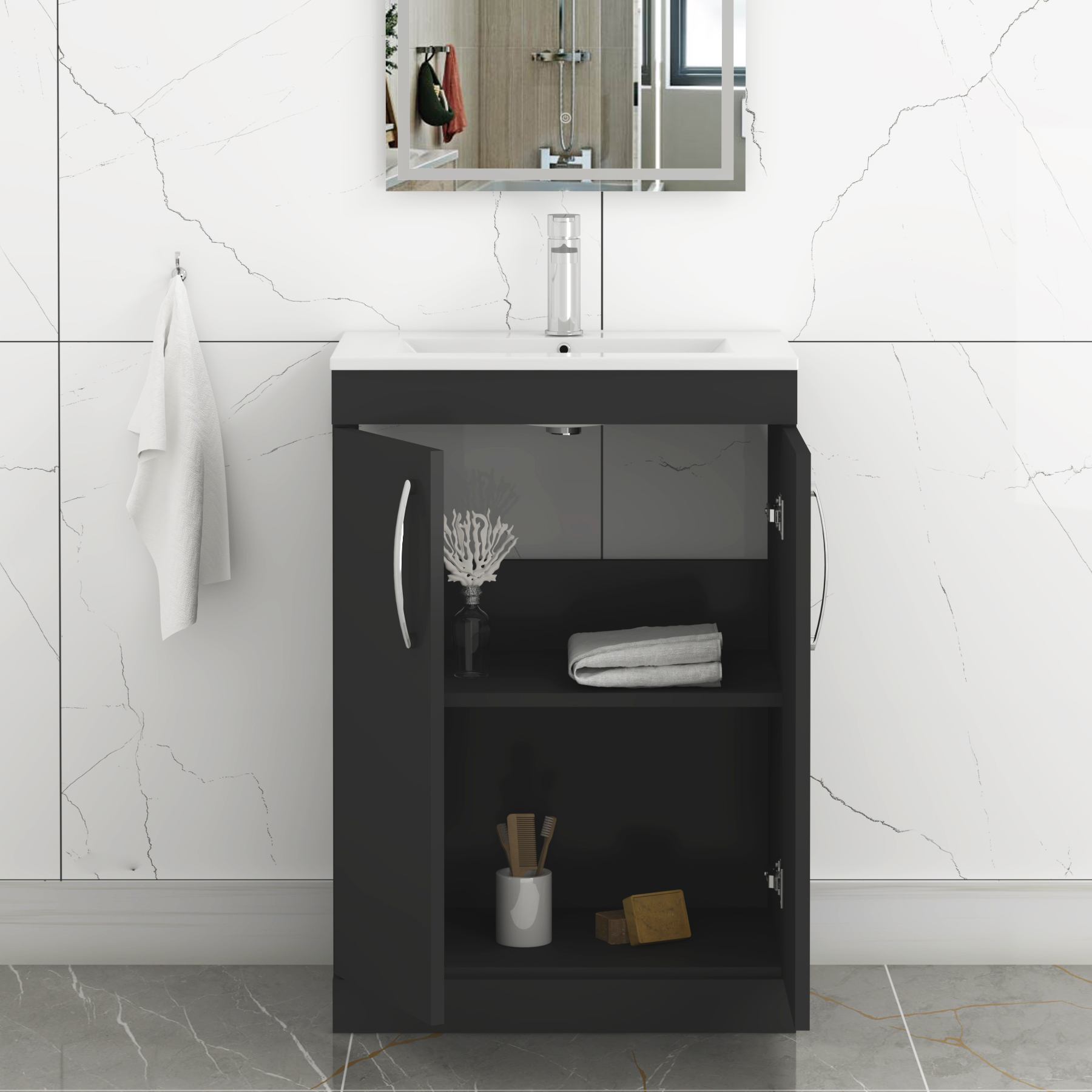 Turin 600mm Matte Black Floor Standing Vanity Unit 2 Door with Minimalist Basin
