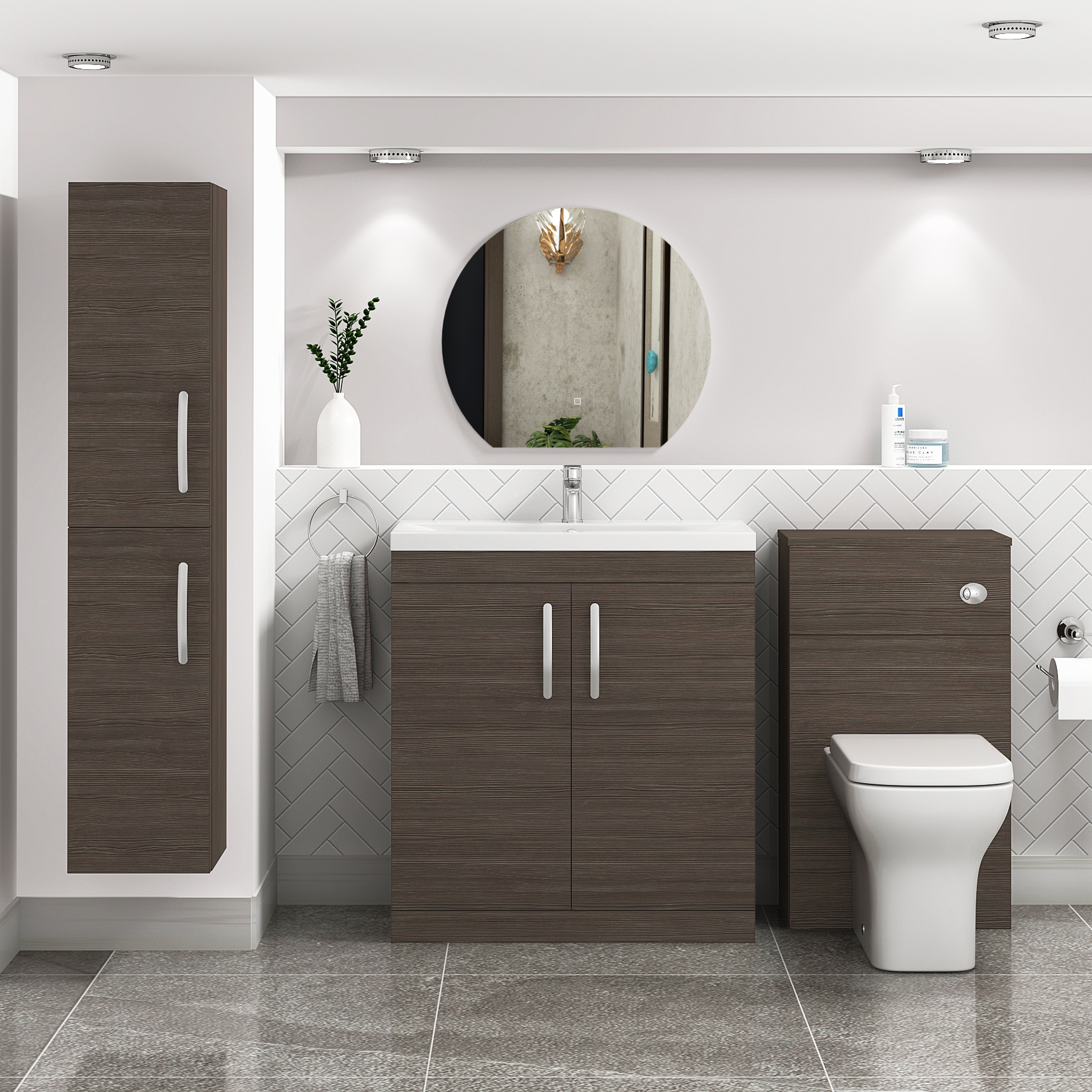 Turin Grey Elm 2 Door Floor Standing Vanity Unit with Mid-Edge Basin - Multiple Sizes