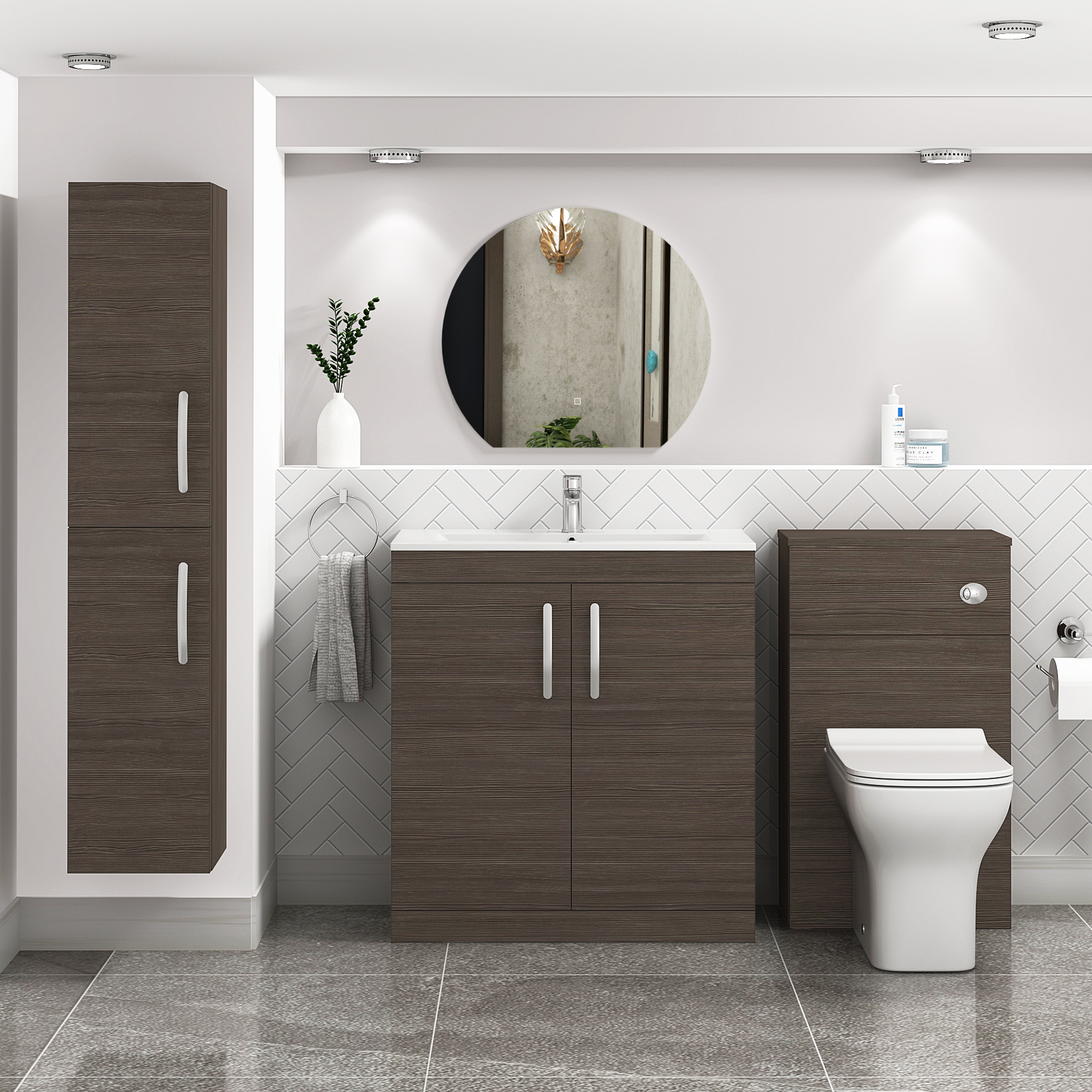Turin Grey Elm 2 Door Floor Standing Vanity Unit with Minimalist Basin - Multiple Sizes