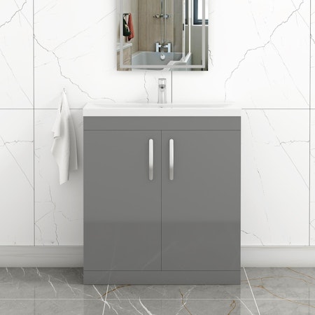 Turin Indigo Grey Gloss 2 Door Floor Standing Vanity Unit with Mid-Edge Basin - Multiple Sizes