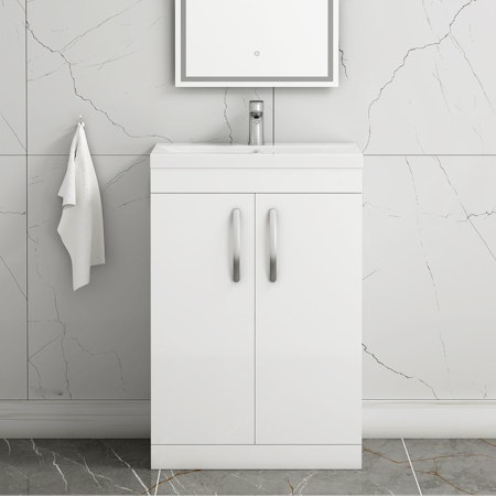 Turin Gloss White 2 Door Floor Standing Vanity Unit with Mid-Edge Basin - Multiple Sizes