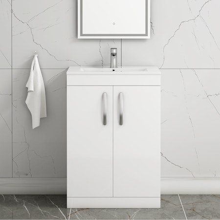 Turin 600mm Floor Standing Vanity Sink Unit Gloss White 2 Door - Minimalist