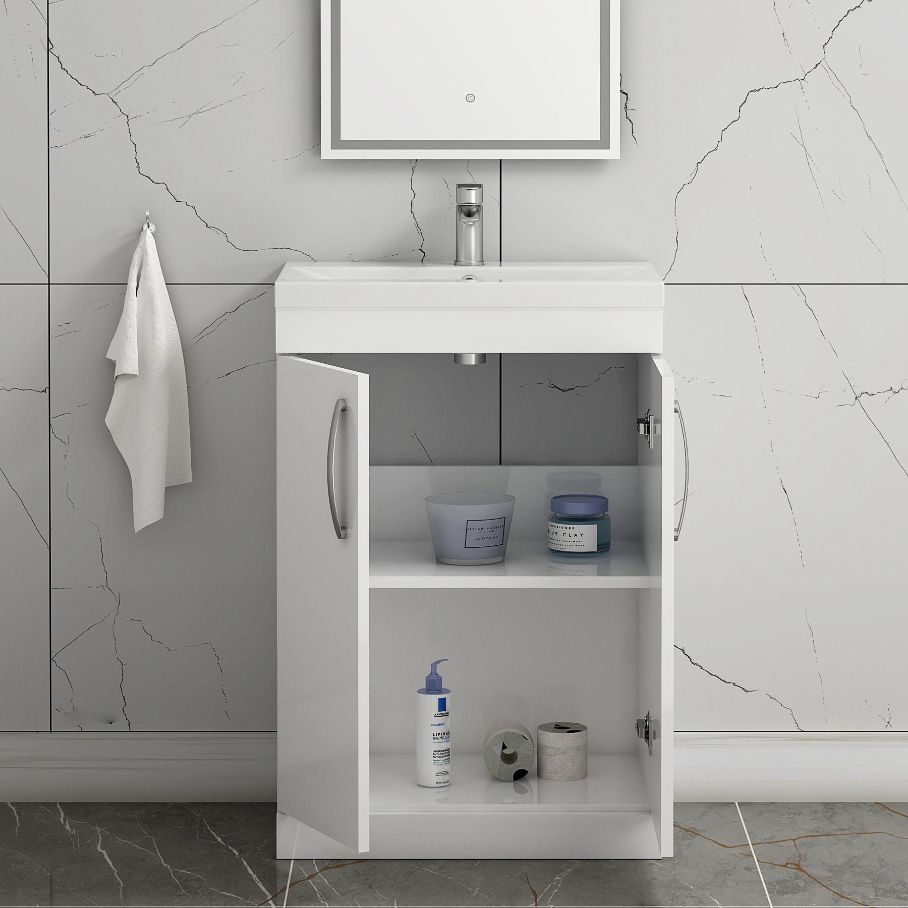 Turin 600mm Floor Standing Vanity Sink Unit Gloss White 2 Door - Minimalist