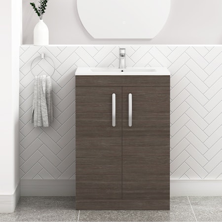 Turin 600mm Floor Standing Vanity Sink Unit Grey Elm 2 Door - Minimalist