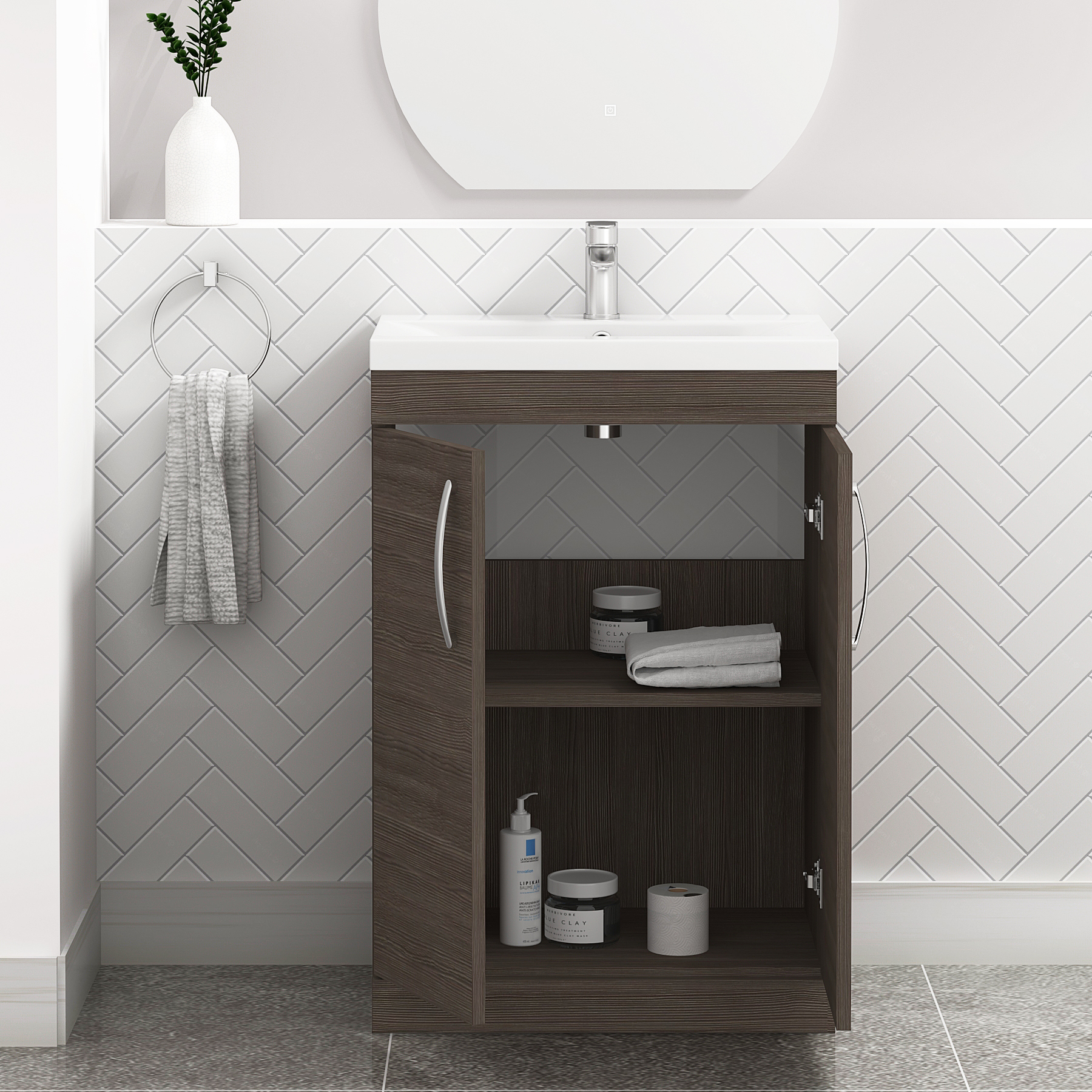 Turin 500 / 600mm Floor Standing Vanity Basin Unit Grey Elm 2 Door - Optional Basin