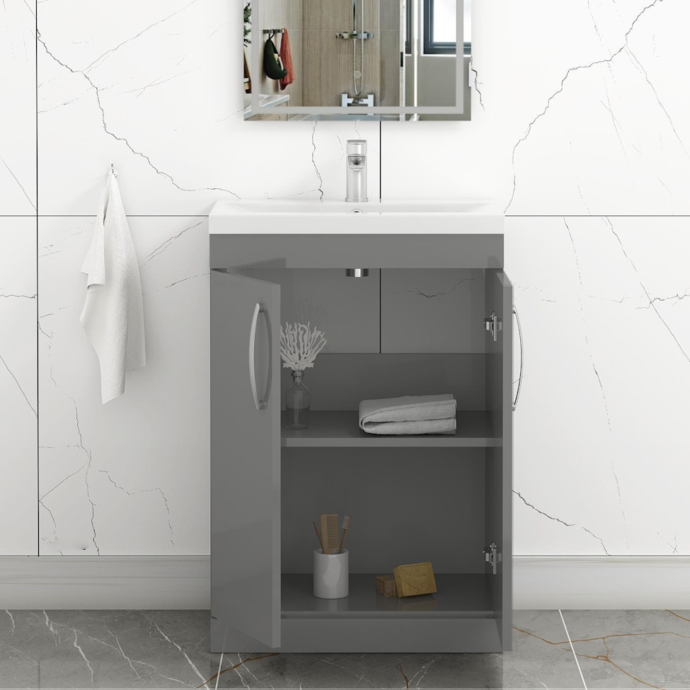 Turin 600mm Floor Standing Vanity Sink Unit Indigo Grey Gloss 2 Door - Mid-Edge