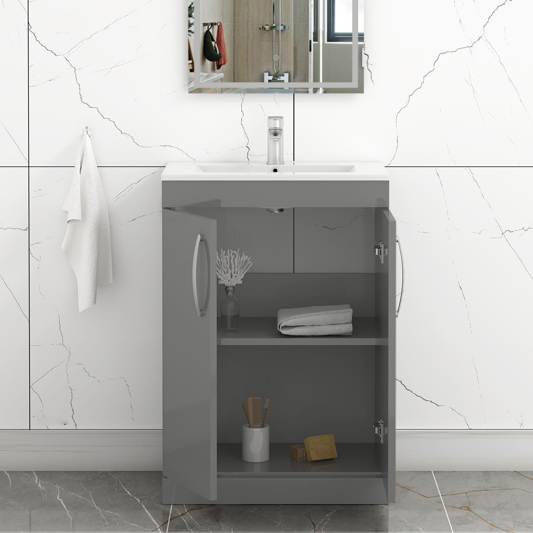 Turin 600mm Floor Standing Vanity Sink Unit Indigo Grey Gloss 2 Door - Minimalist