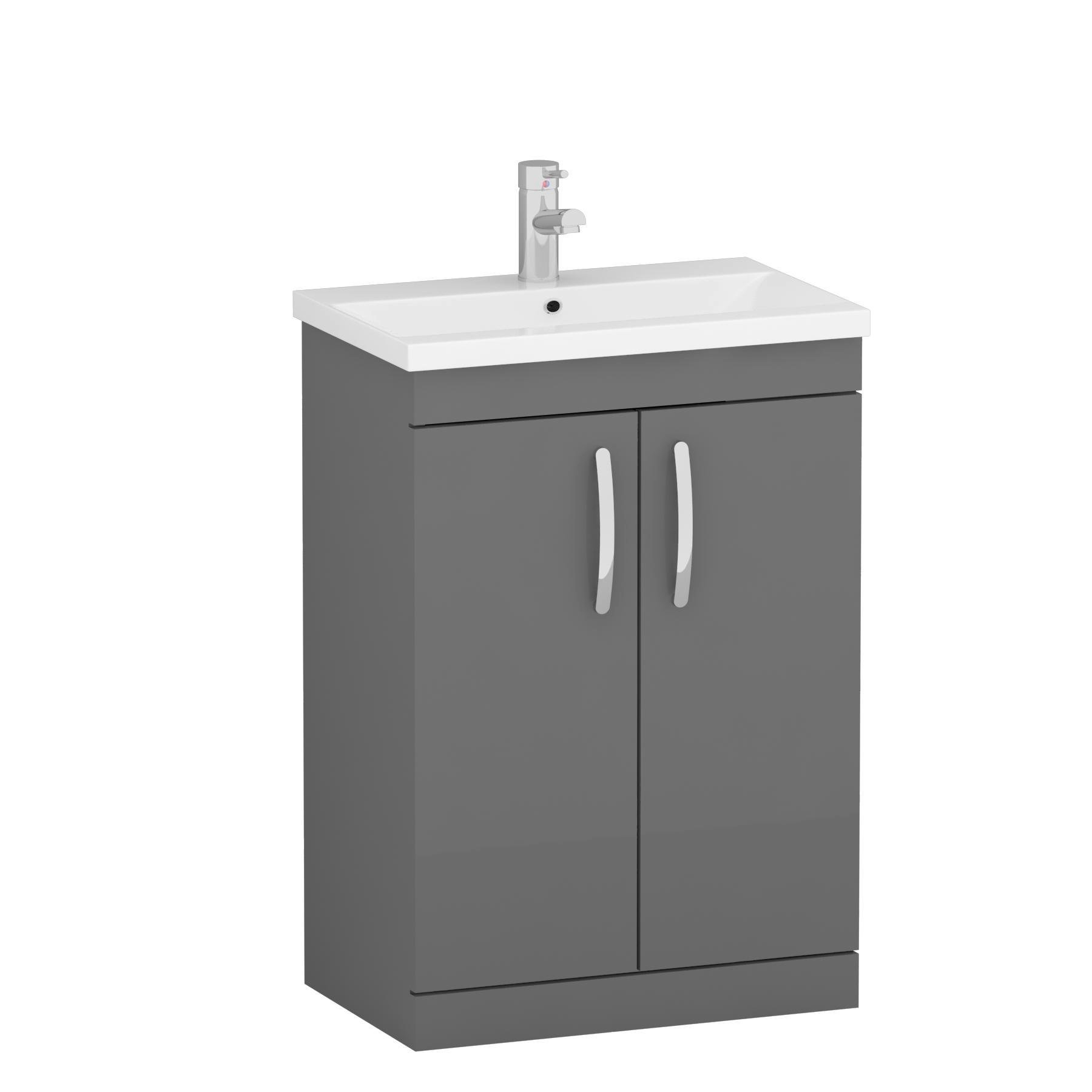 Turin 600mm Floor Standing Vanity Sink Unit Indigo Grey Gloss 2 Door - Mid-Edge