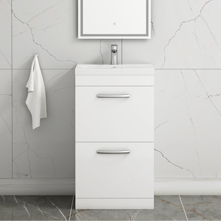 Turin 500mm Floor Standing Vanity Unit Gloss White 2 Drawer Mid-Edge Basin Unit