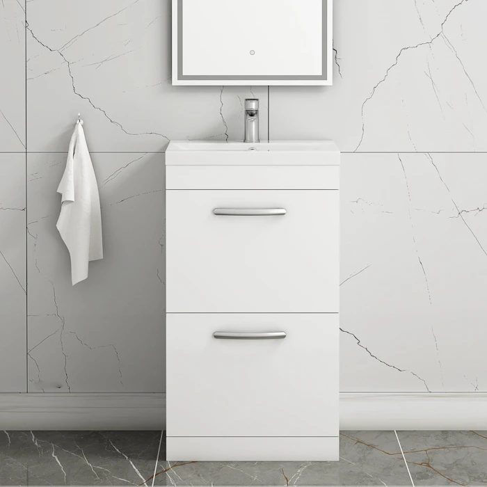 500mm Gloss White Floor Standing 2 Drawer Vanity Unit and Optional Basin - Mid Edge / Minimalist