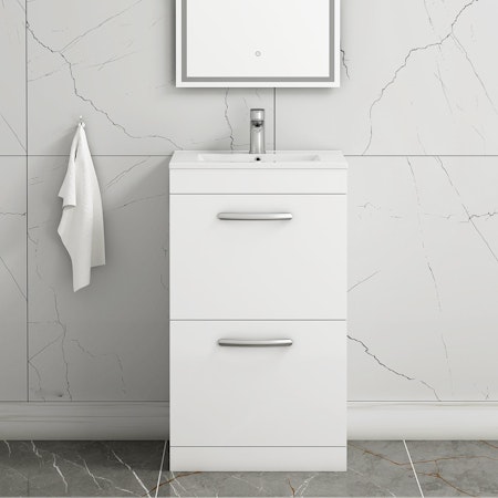 Turin 500mm Floor Standing Vanity Unit Gloss White 2 Drawer Minimalist Basin Unit