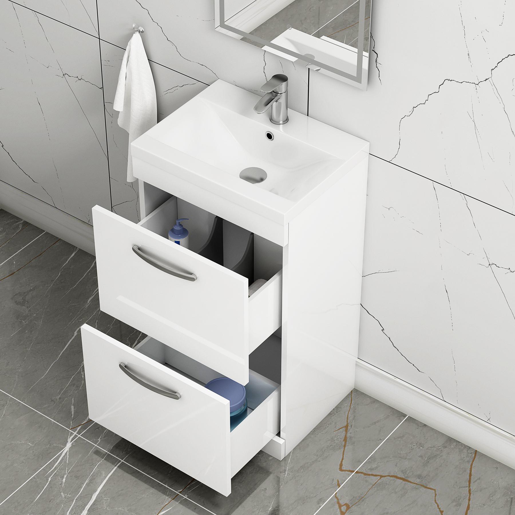 Turin 500mm Floor Standing Vanity Unit Gloss White 2 Drawer Mid-Edge Basin Unit