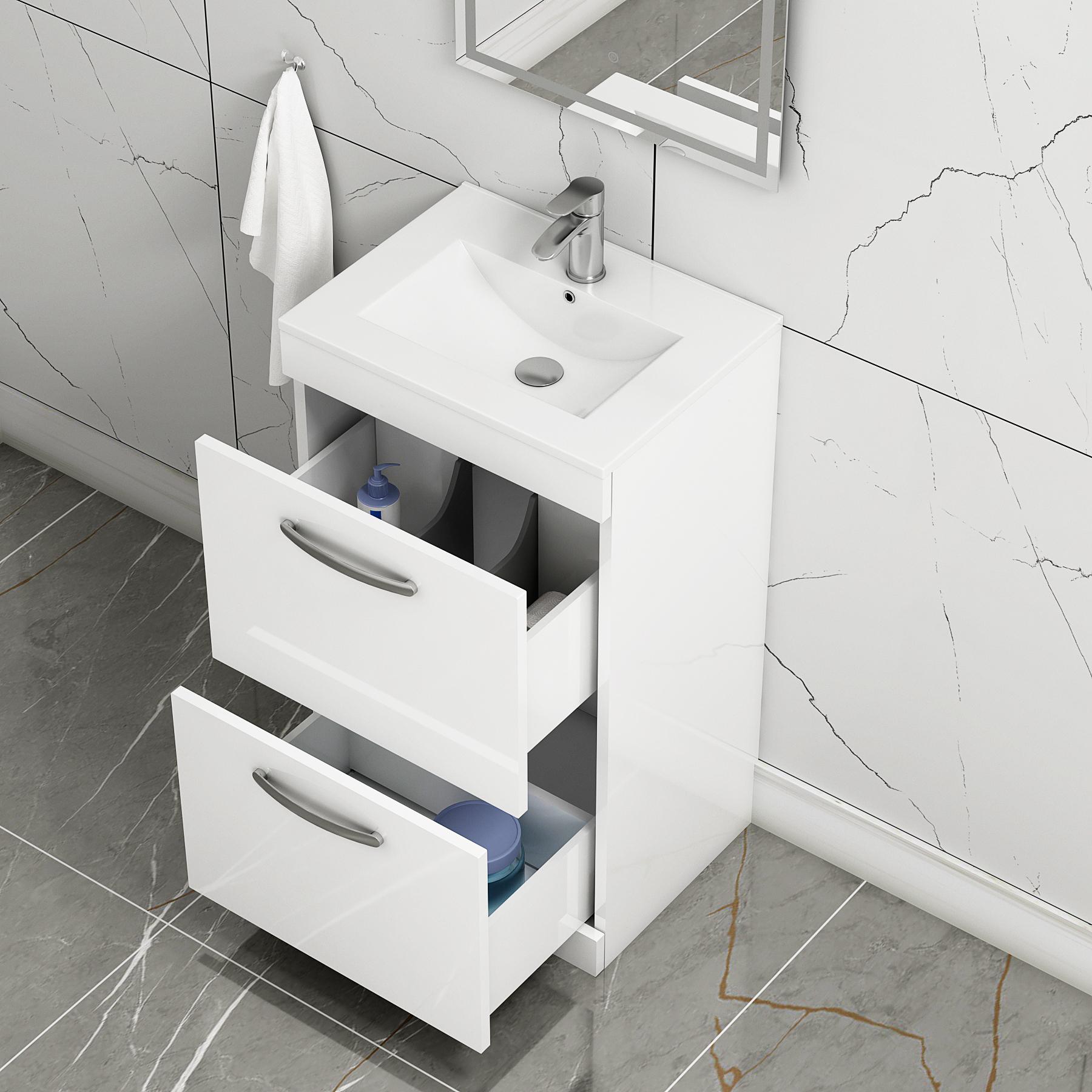 Turin 500mm Floor Standing Vanity Unit Gloss White 2 Drawer Minimalist Basin Unit