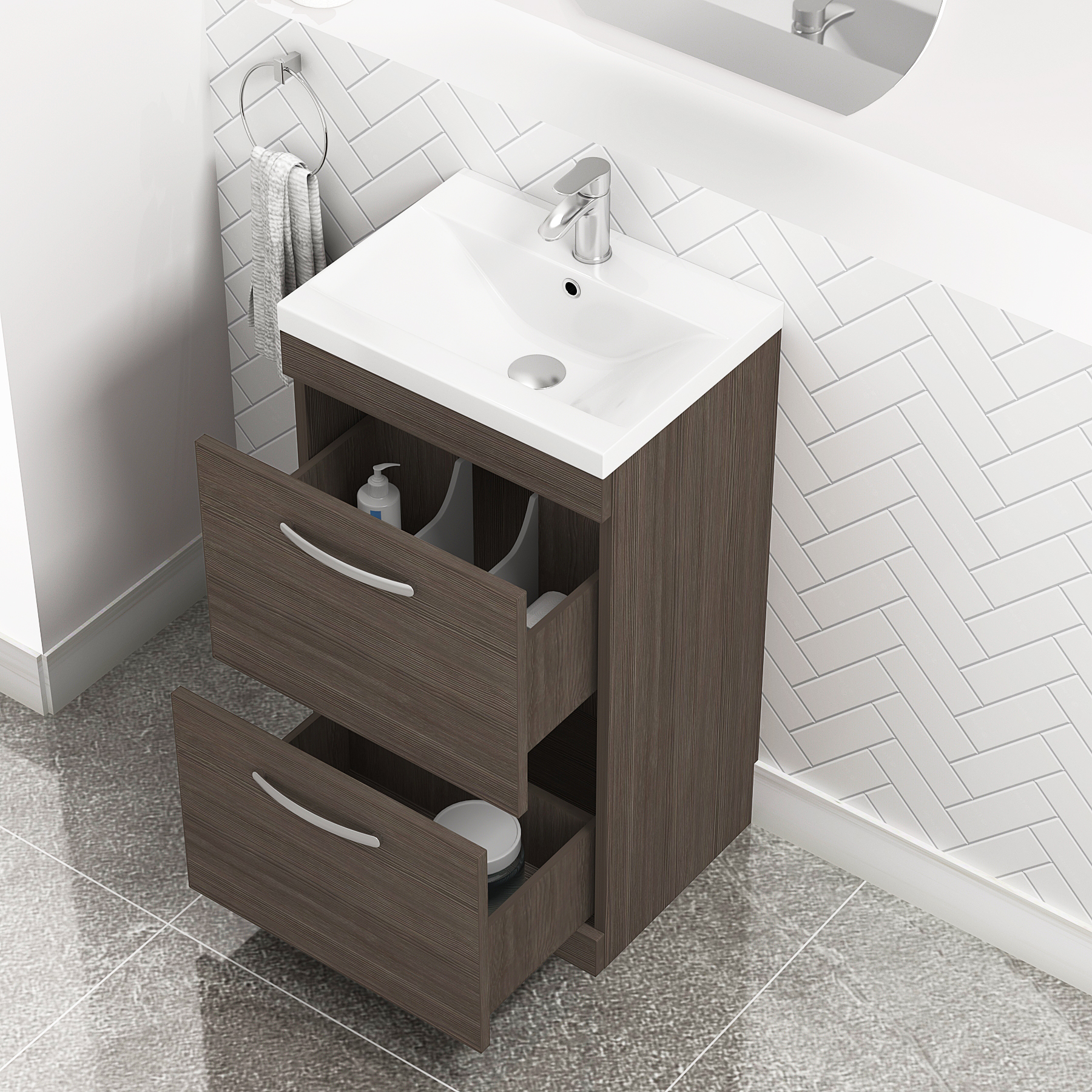  500mm Grey Elm Floor Standing 2 Drawer Vanity Unit and Optional Basin - Mid Edge / Minimalist