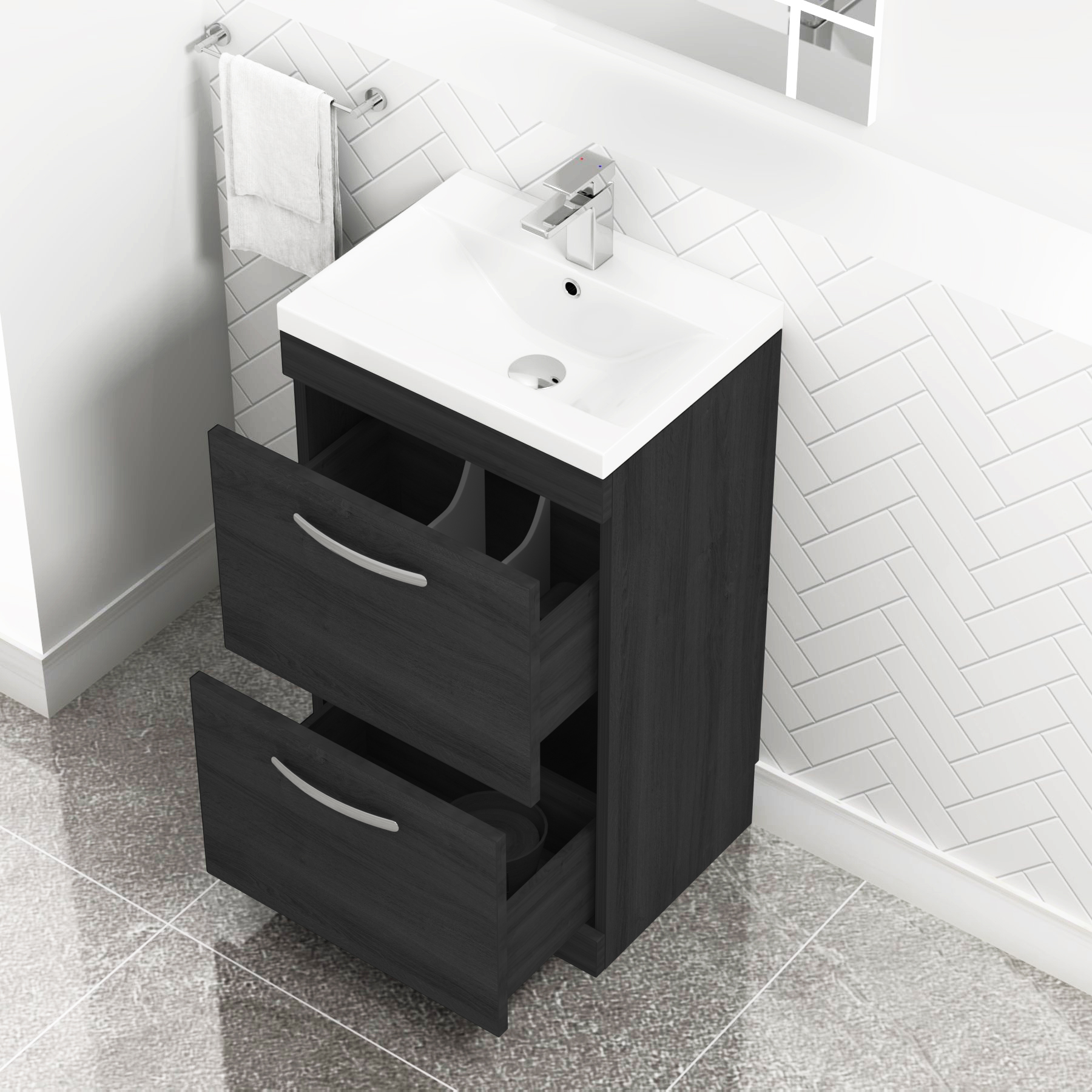  500mm Hale Black Floor Standing 2 Drawer Vanity Unit and Optional Basin - Mid Edge / Minimalist
