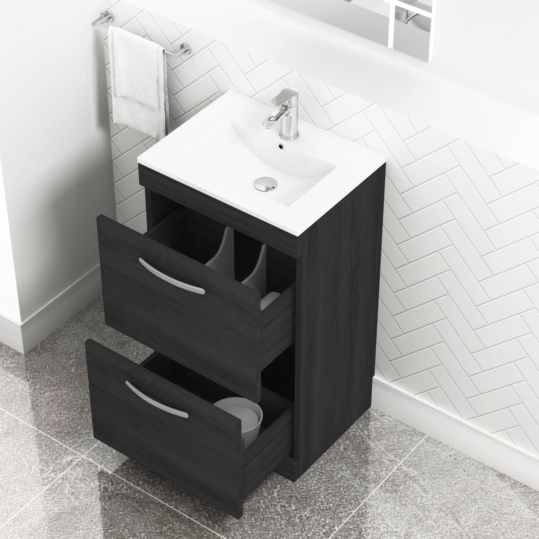 Turin 500mm Floor Standing Vanity Unit Hale Black 2 Drawer Minimalist Basin Unit