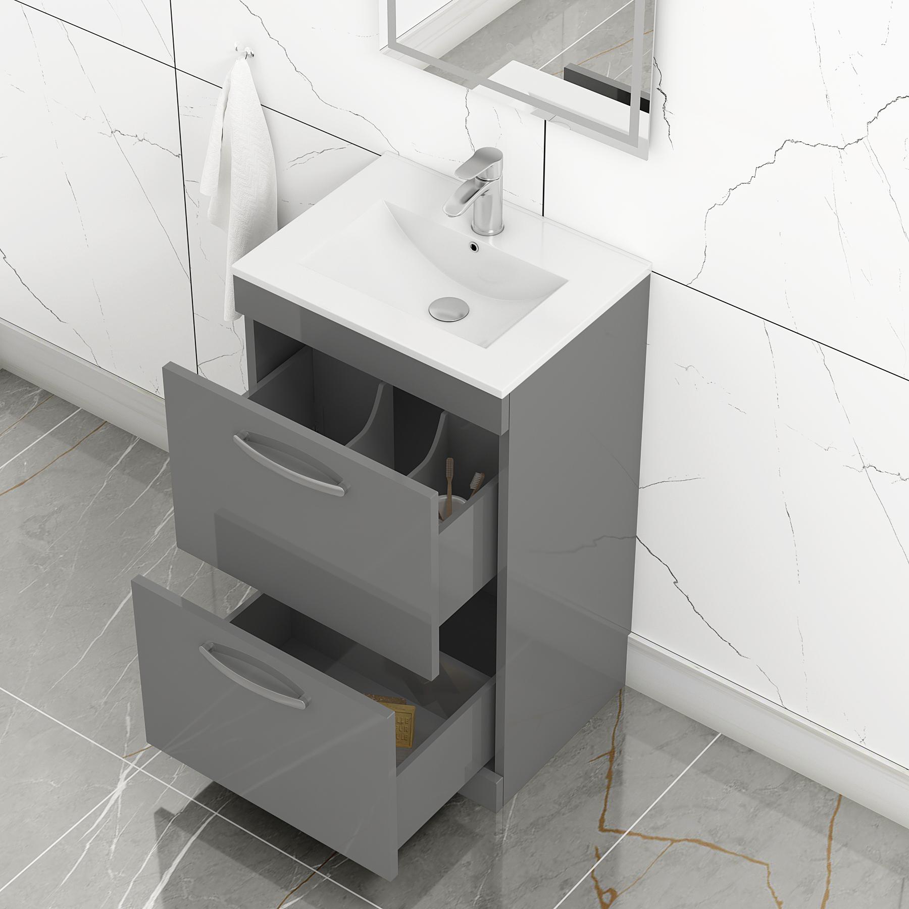 Turin 500mm Floor Standing Vanity Unit Indigo Grey Gloss 2 Drawer Minimalist Basin Unit