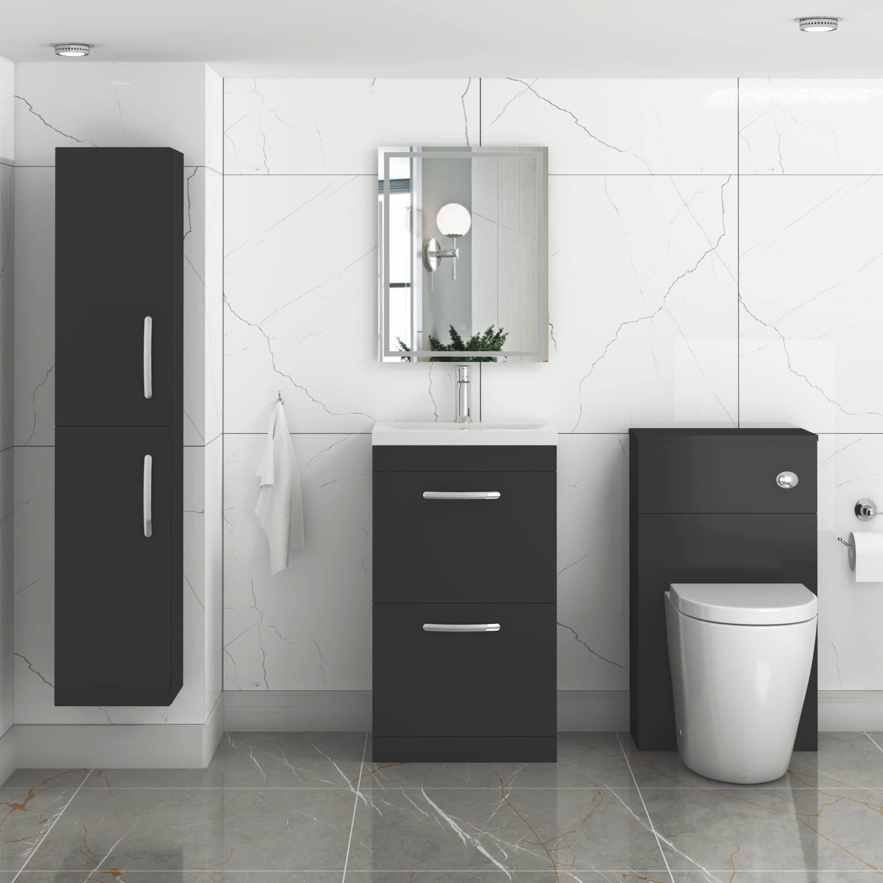 Turin Matt Black 2 Drawer Floor Standing Vanity Unit with Mid-Edge Basin - Multiple Sizes