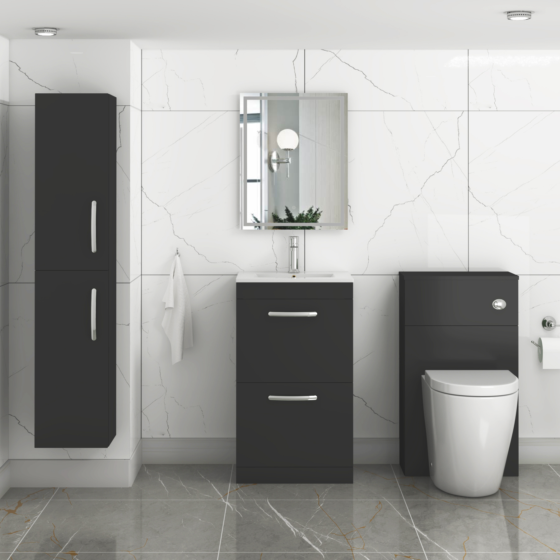Turin Matt Black 2 Drawer Floor Standing Vanity Unit with Minimalist Basin - Multiple Sizes