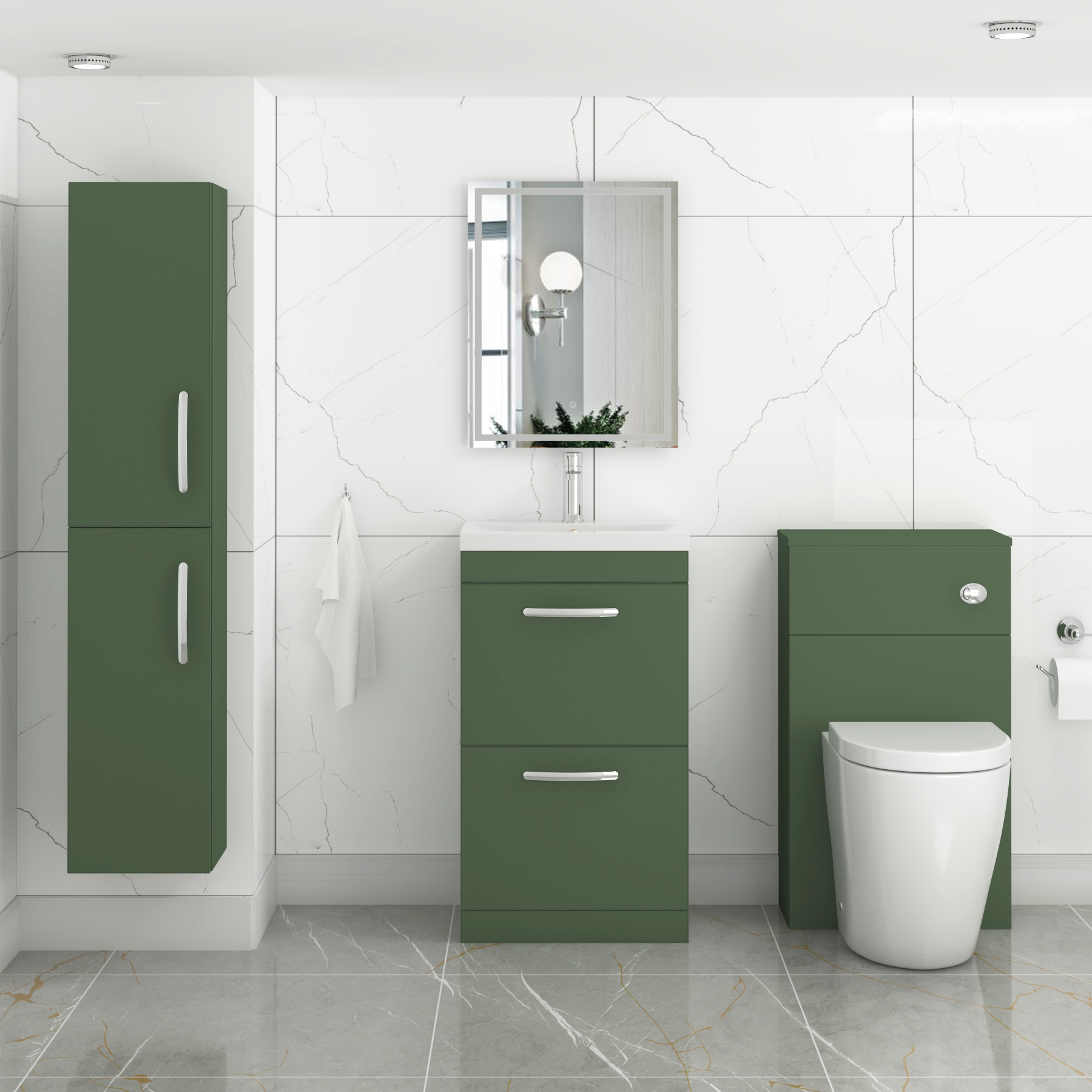 Turin Matt Green 2 Drawer Floor Standing Vanity Unit with Mid-Edge Basin - Multiple Sizes