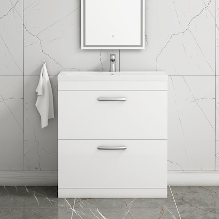  800mm Gloss White Floor Standing 2 Drawer Vanity Unit and Optional Basin - Mid Edge / Minimalist