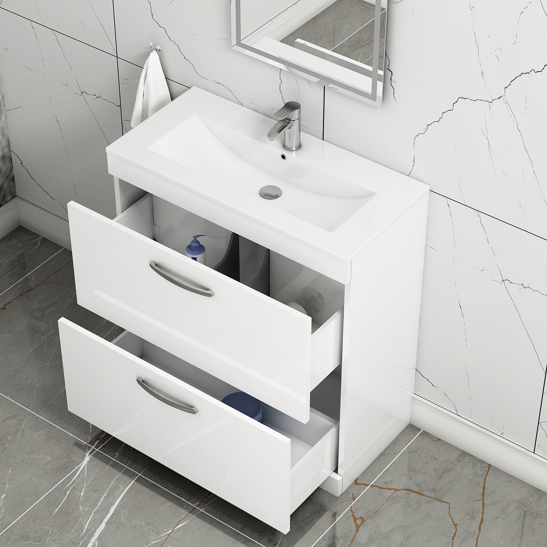 Turin 800mm Floor Standing Vanity Unit Gloss White 2 Drawer Minimalist Basin Unit