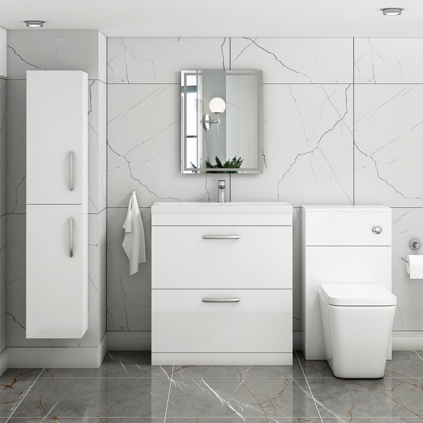 Turin Gloss White 2 Drawer Floor Standing Vanity Unit with Minimalist Basin Multiple Sizes