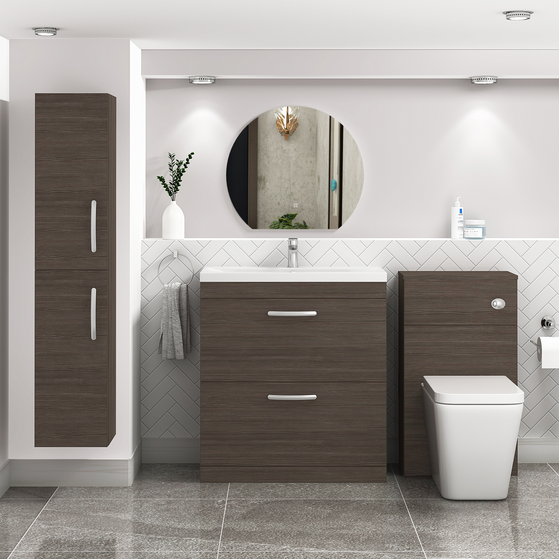 Turin Grey Elm 2 Drawer Floor Standing Vanity Unit with Mid-Edge Basin - Multiple Sizes