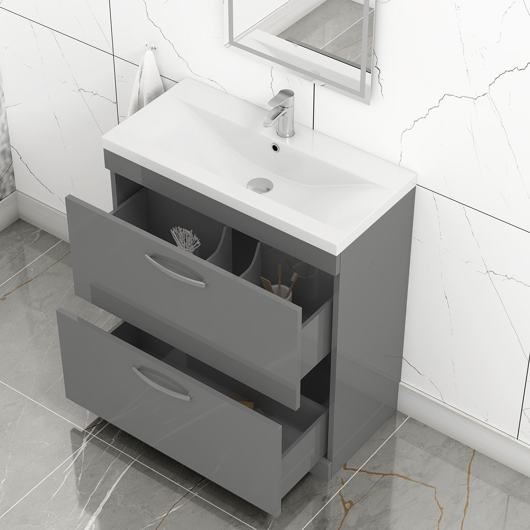  800mm Indigo Grey Gloss Floor Standing 2 Drawer Vanity Unit and Optional Basin - Mid Edge / Minimalist