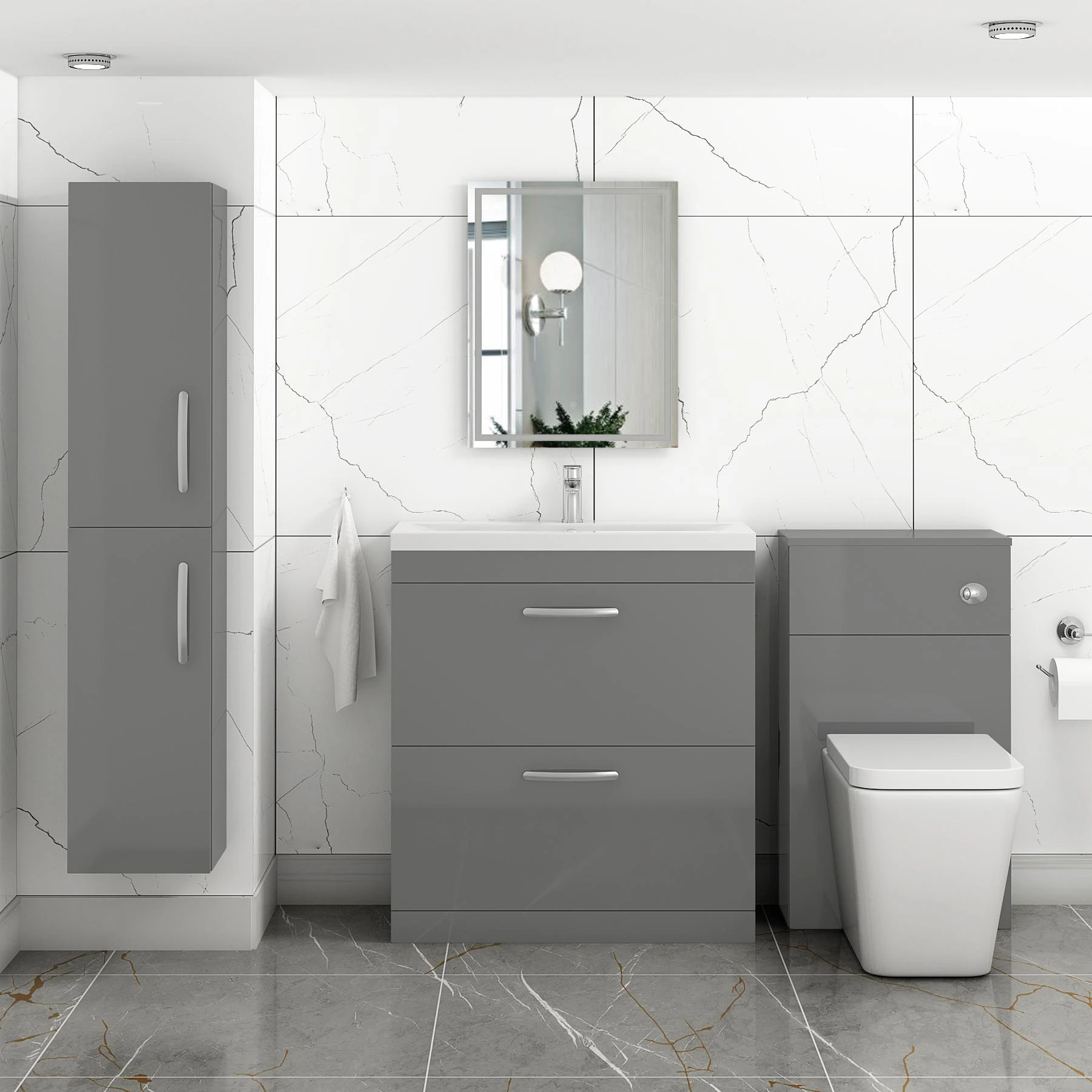Turin Indigo Grey Gloss 2 Drawer Floor Standing Vanity Unit with Mid
