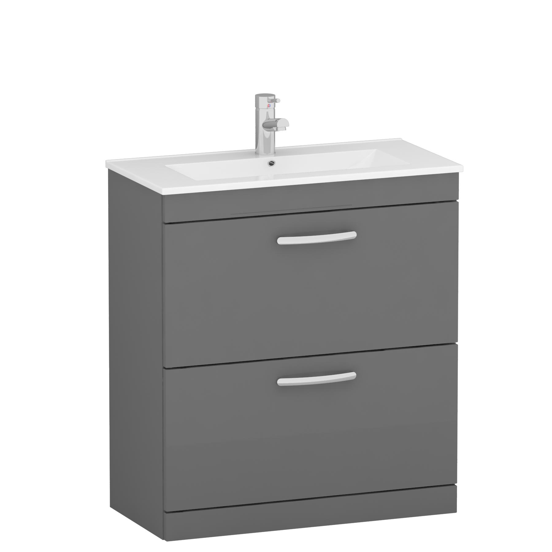 Turin 800mm Floor Standing Vanity Unit Indigo Grey Gloss 2 Drawer Minimalist Basin Unit