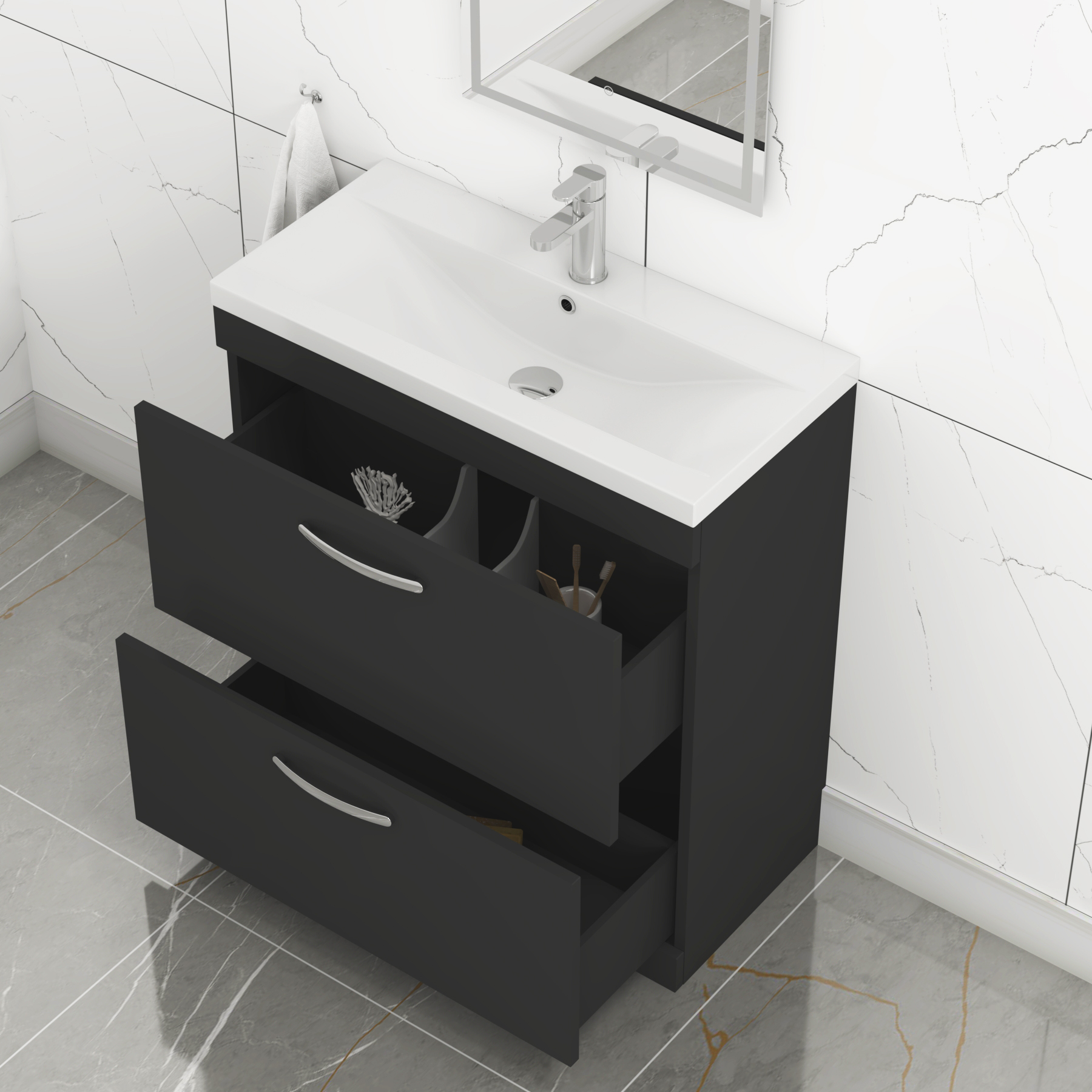 Turin 800mm Matt Black Floor Standing Vanity Unit 2 Drawer with Mid-Edge Basin