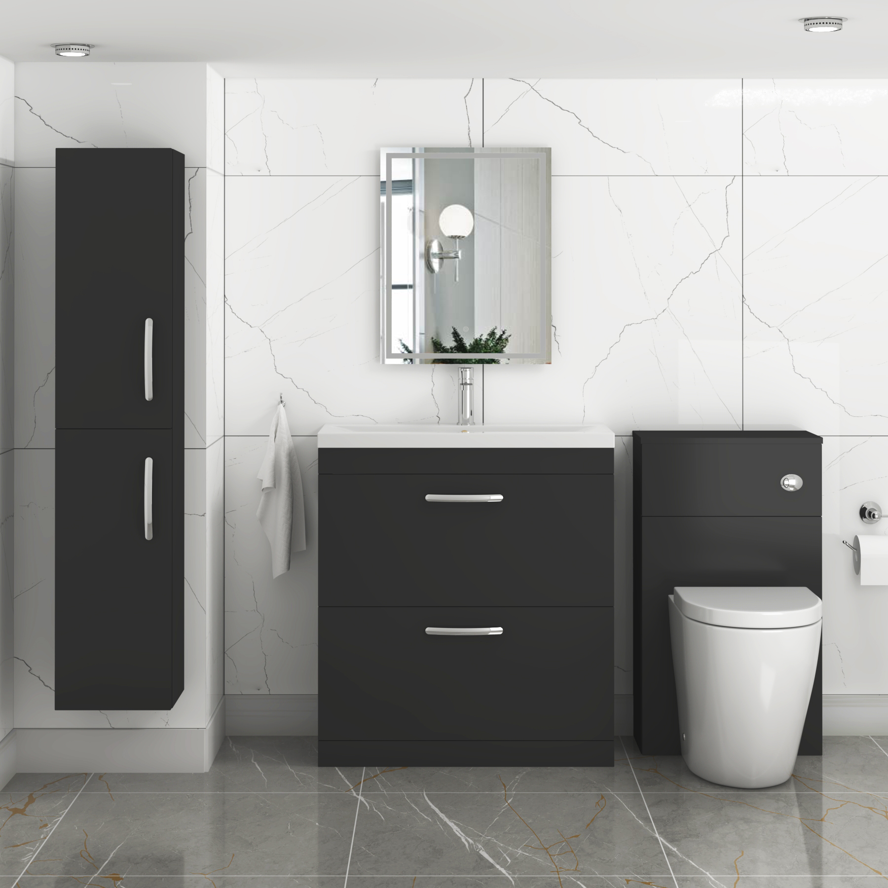 Turin 800mm Matt Black Floor Standing Vanity Unit 2 Drawer with Mid-Edge Basin