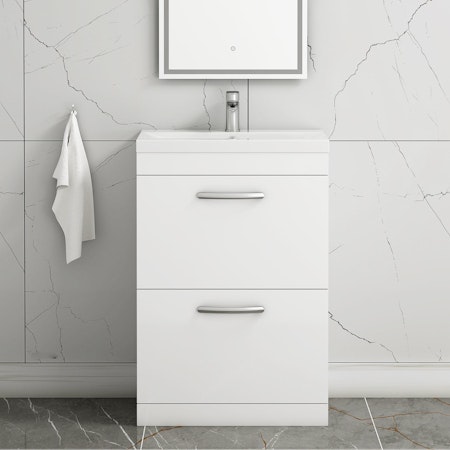 Turin Gloss White 2 Drawer Floor Standing Vanity Unit with Mid-Edge Basin - Multiple Sizes