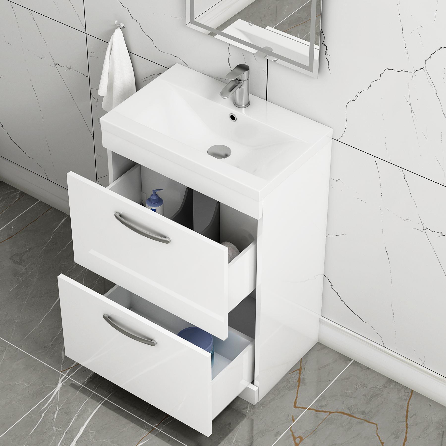 Turin 500 / 600 / 800mm Free Standing Vanity Unit Gloss White 2 Drawer Optional Basin