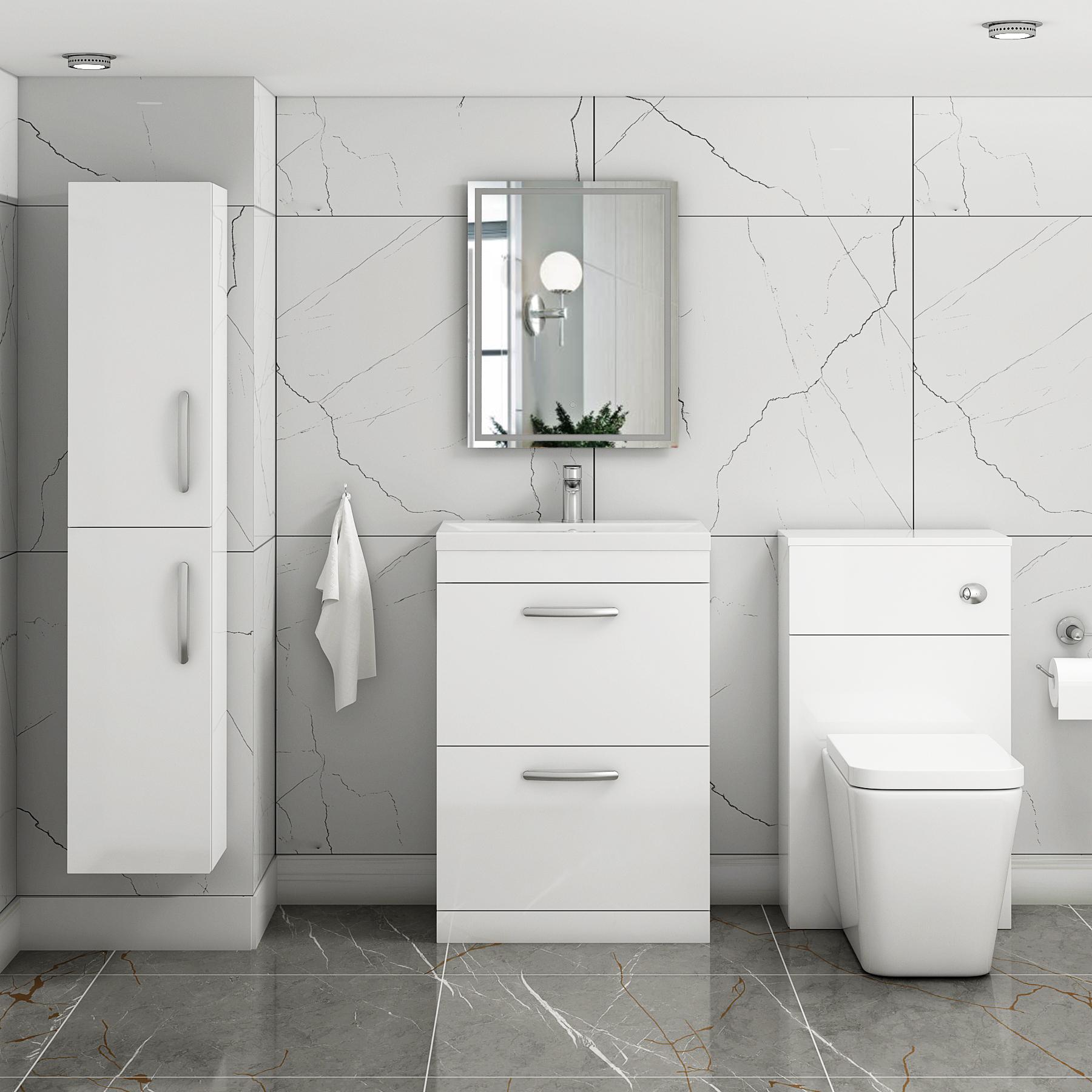 Turin 500 / 600 / 800mm Free Standing Vanity Unit Gloss White 2 Drawer Optional Basin