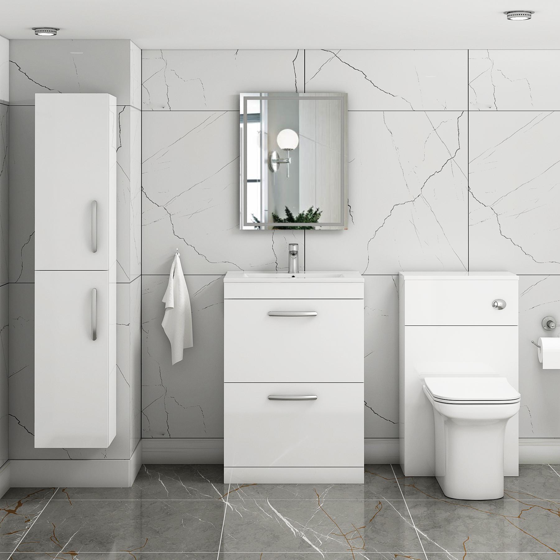 Turin 600mm Floor Standing Vanity Unit Gloss White 2 Drawer Minimalist Basin Unit