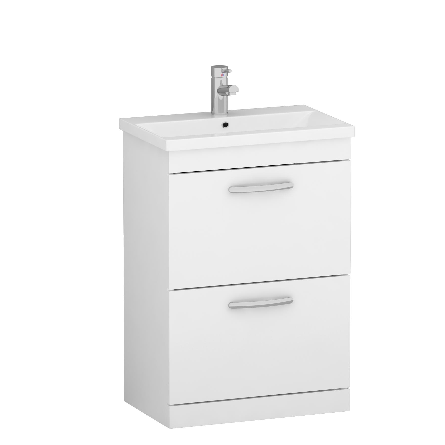 Turin 500 / 600 / 800mm Free Standing Vanity Unit Gloss White 2 Drawer Optional Basin