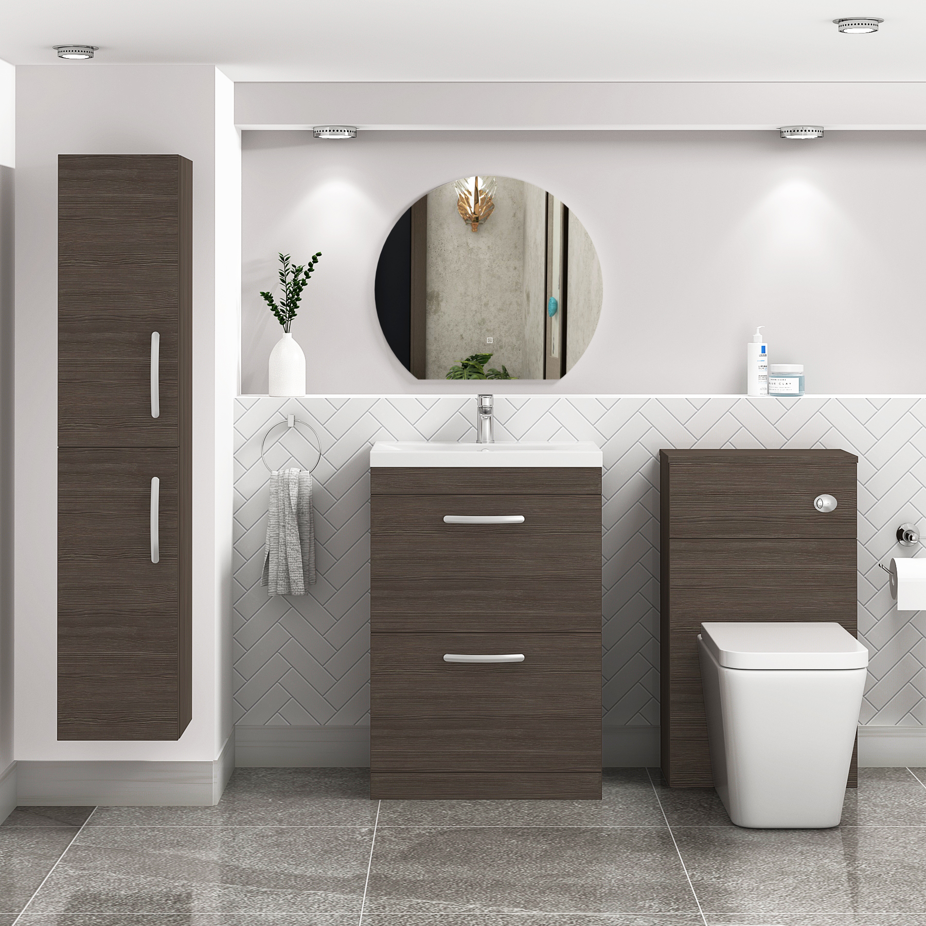 Turin 500 / 600 / 800mm Free Standing Vanity Unit Grey Elm 2 Drawer Optional Basin