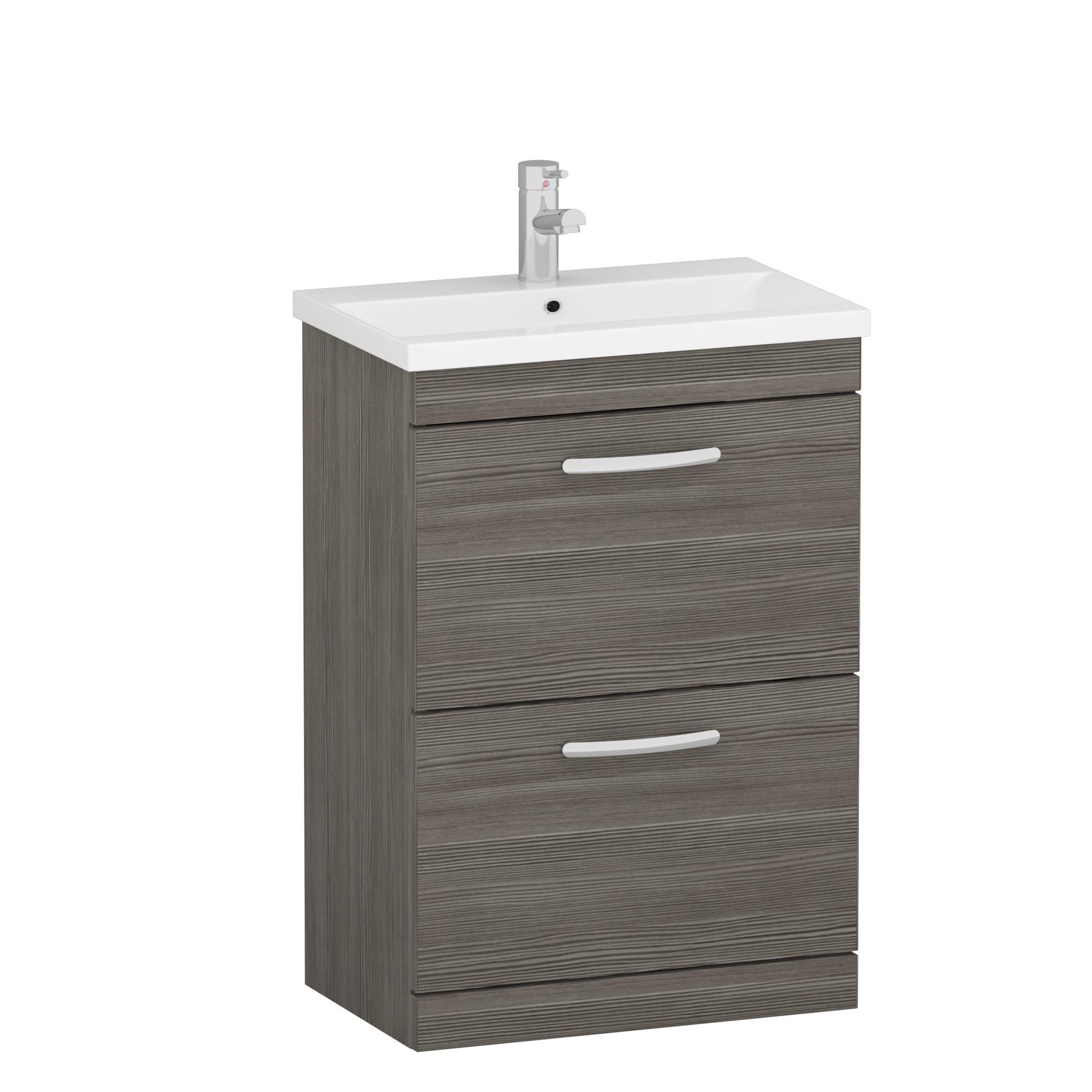 Turin 500 / 600 / 800mm Free Standing Vanity Unit Grey Elm 2 Drawer Optional Basin