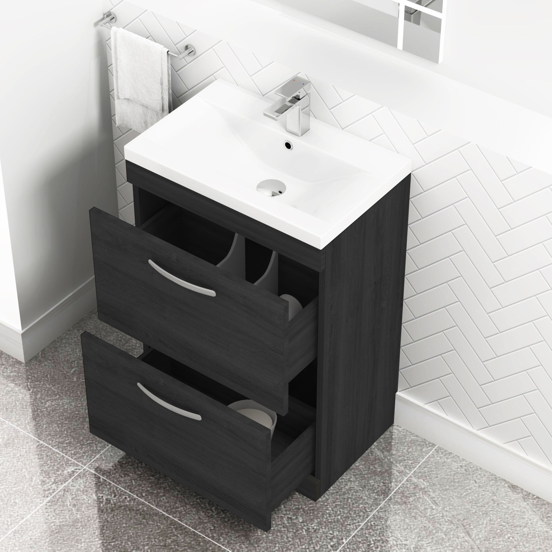  600mm Hale Black Floor Standing 2 Drawer Vanity Unit and Optional Basin - Mid Edge / Minimalist