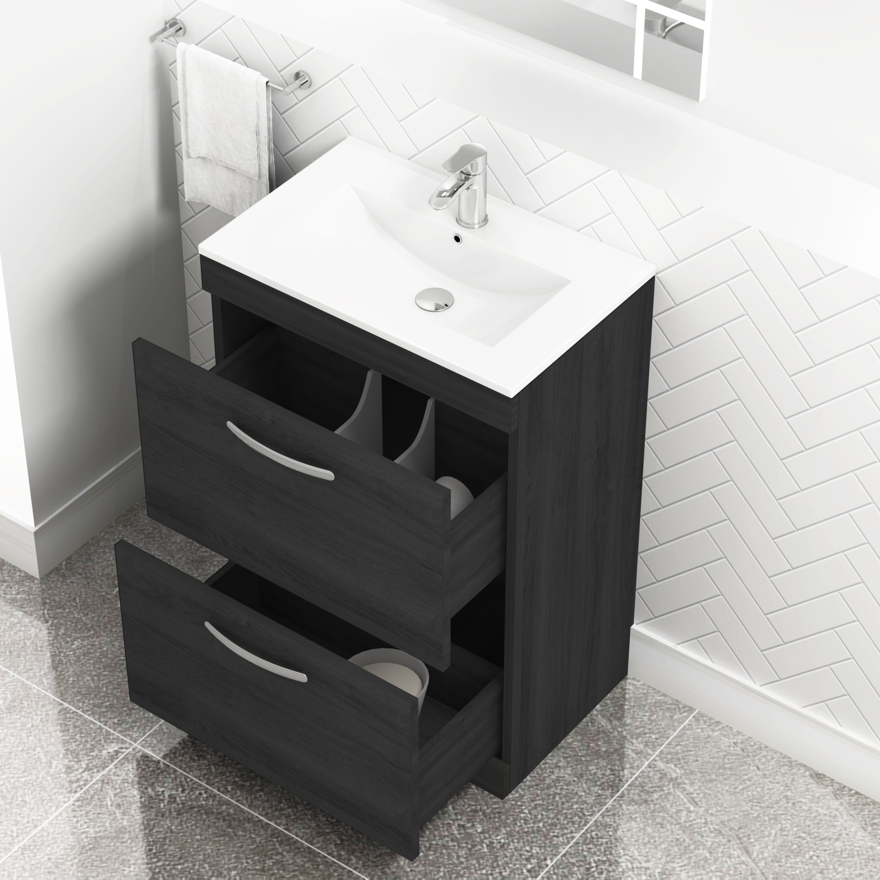 Turin 600mm Floor Standing Vanity Unit Hale Black 2 Drawer Minimalist Basin Unit
