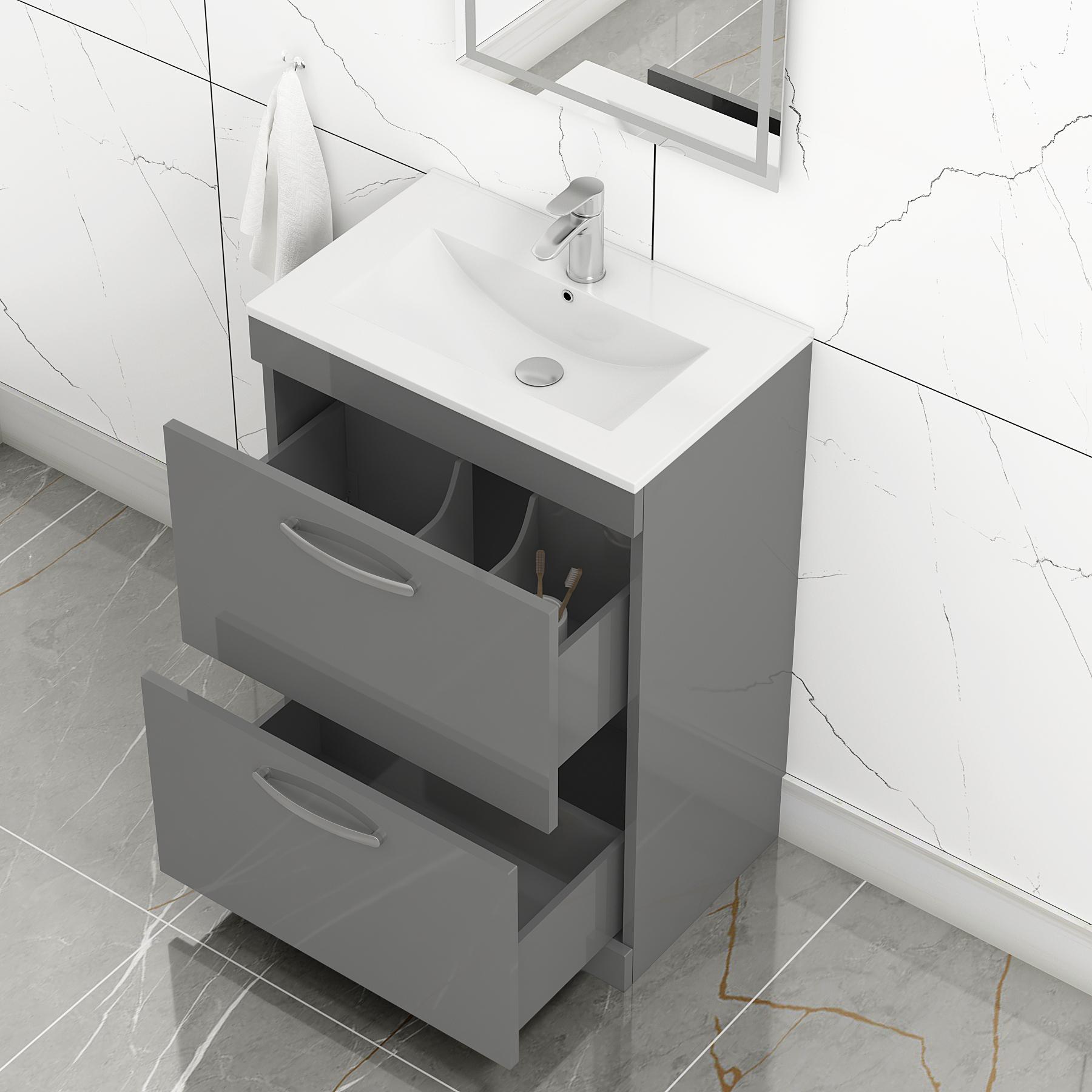Turin 600mm Floor Standing Vanity Unit Indigo Grey Gloss 2 Drawer Minimalist Basin Unit
