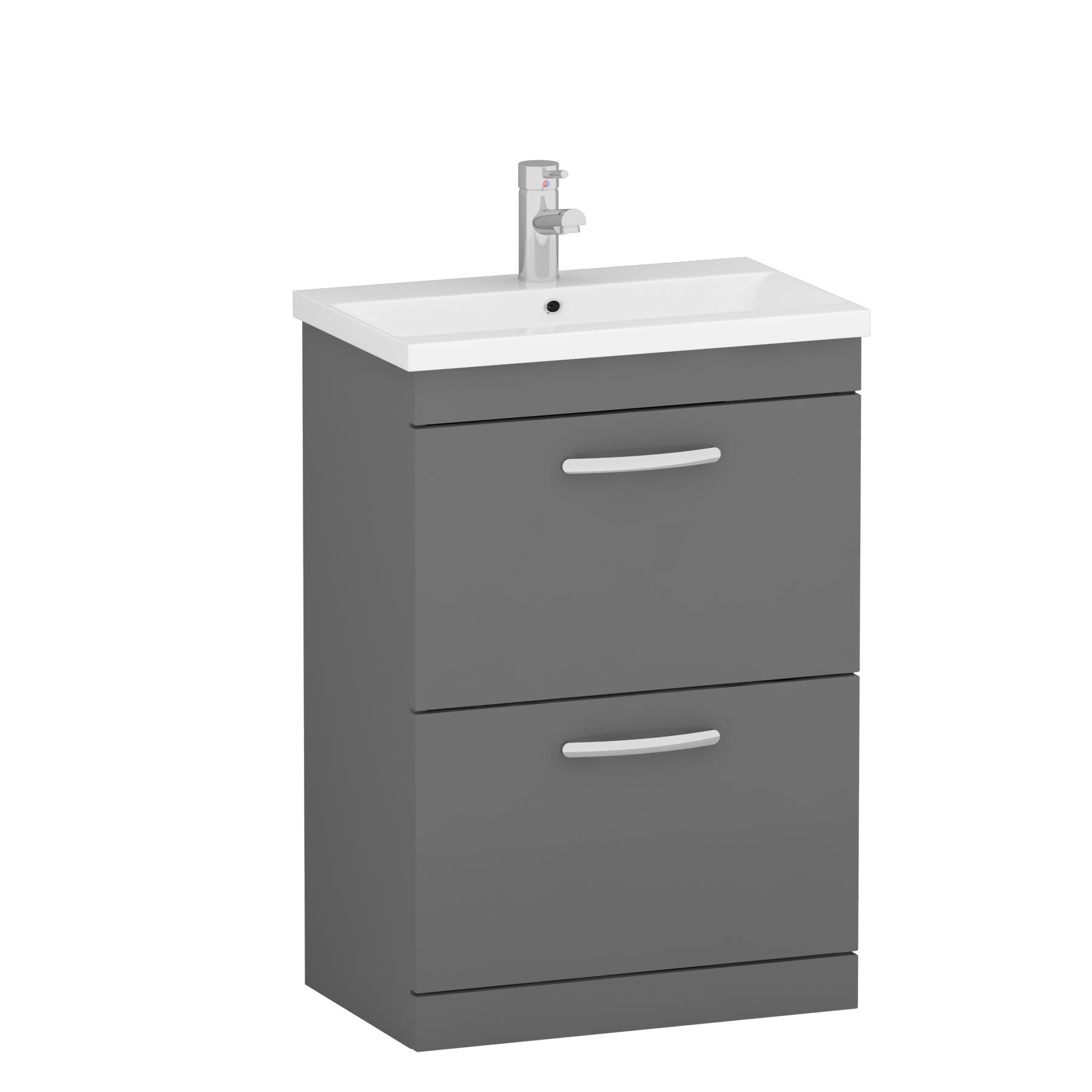 Turin 500 / 600 / 800mm Free Standing Vanity Unit Indigo Grey Gloss 2 Drawer Optional Basin