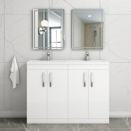 Turin 1200mm Gloss White Floor Standing 4-Door Vanity Unit Cabinet With Double Basin