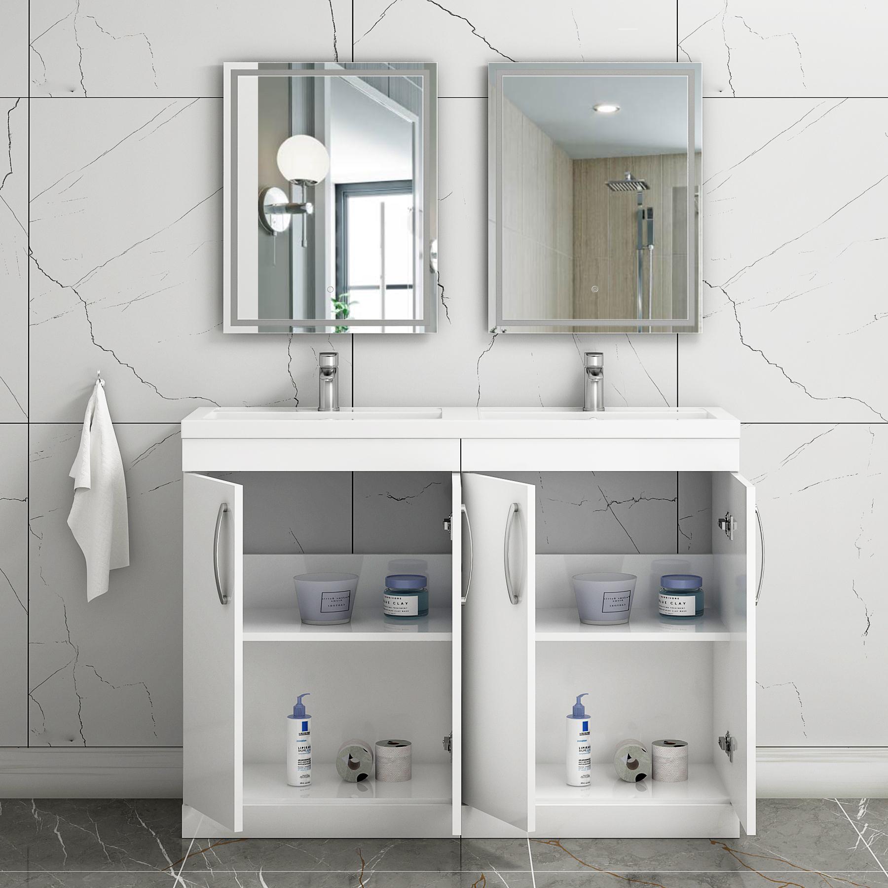 Turin 1200mm Gloss White Floor Standing 4-Door Vanity Unit Cabinet With Double Basin