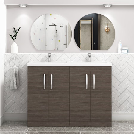 Turin 1200mm Grey Elm Floor Standing 4-Door Vanity Unit Cabinet With Double Basin