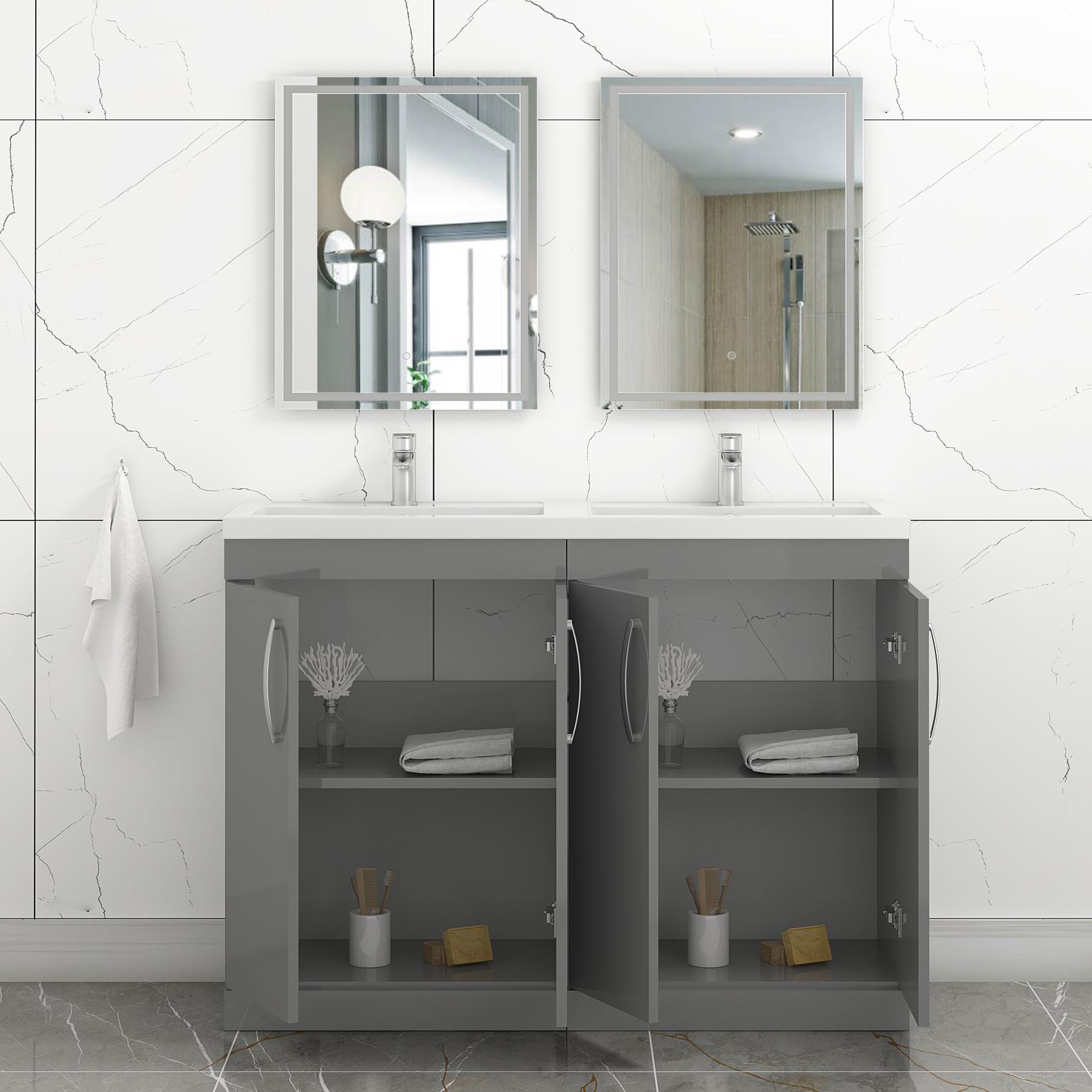 Turin 1200mm Indigo Grey Gloss Floor Standing 4-Door Vanity Unit Cabinet With Double Basin